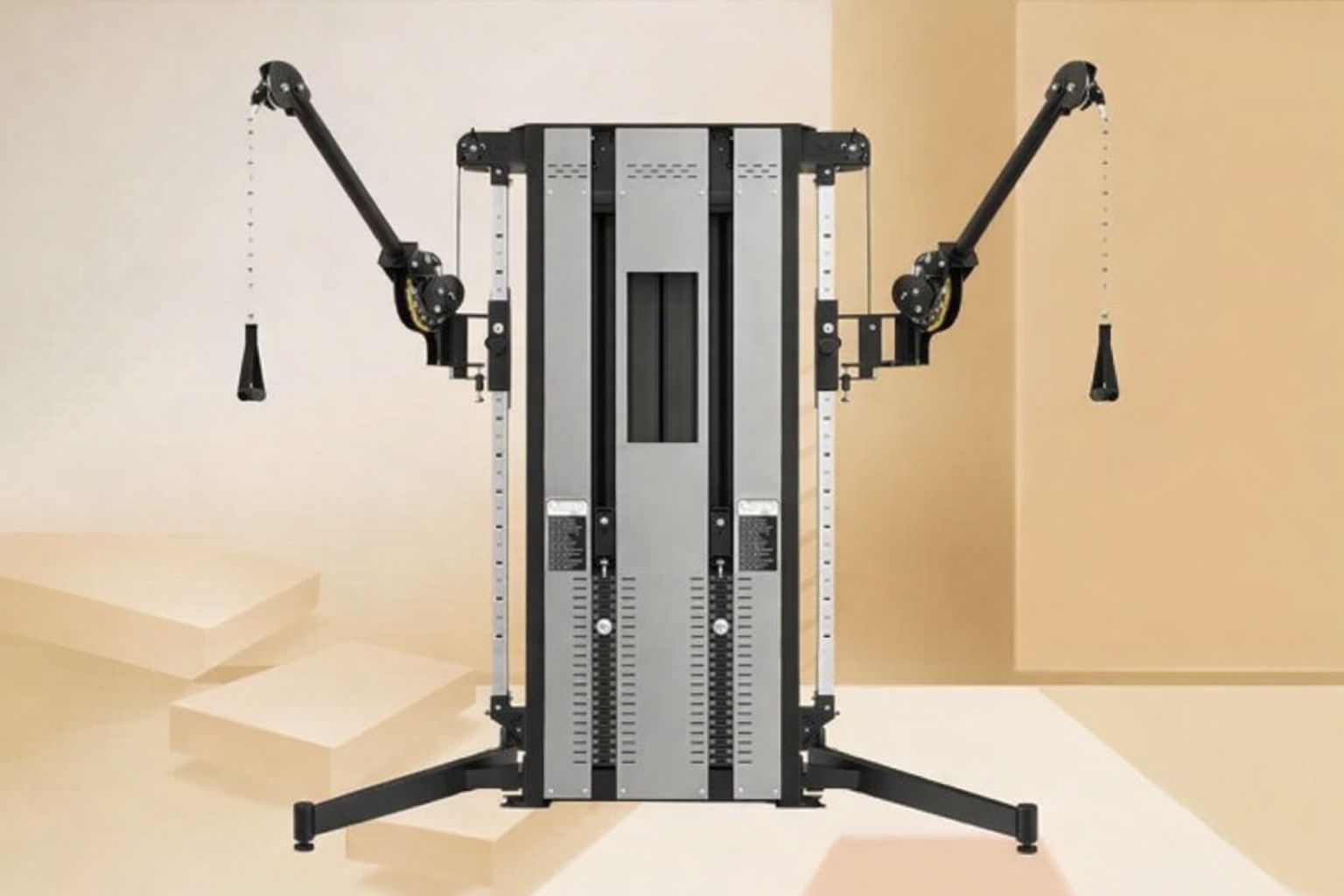Modern cable cross-maskin för hemmabruk i grått och svart.