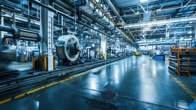 Interiör av en stor modern industrihall med tunga maskiner.